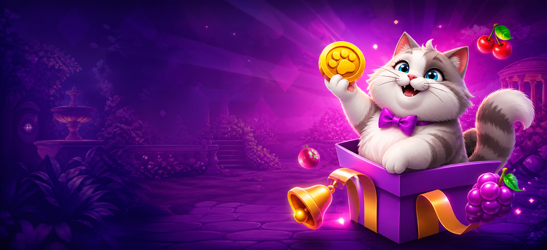 Фиолетовый промобаннер Cat Casino с мультяшным котом